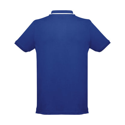 THC ROME promotional polo shirt in royal blue (detail view) with custom logo branding
