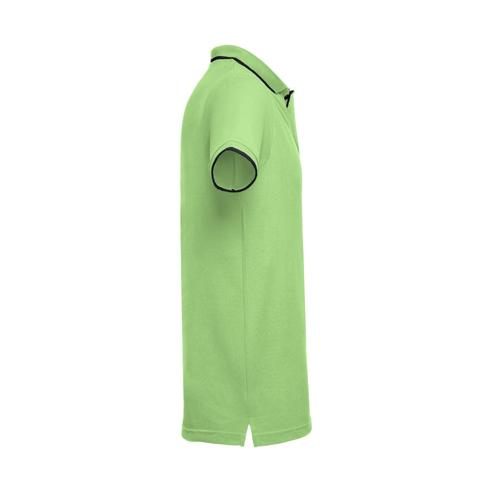 THC ROME promotional polo shirt in light green (detail view) with custom logo branding