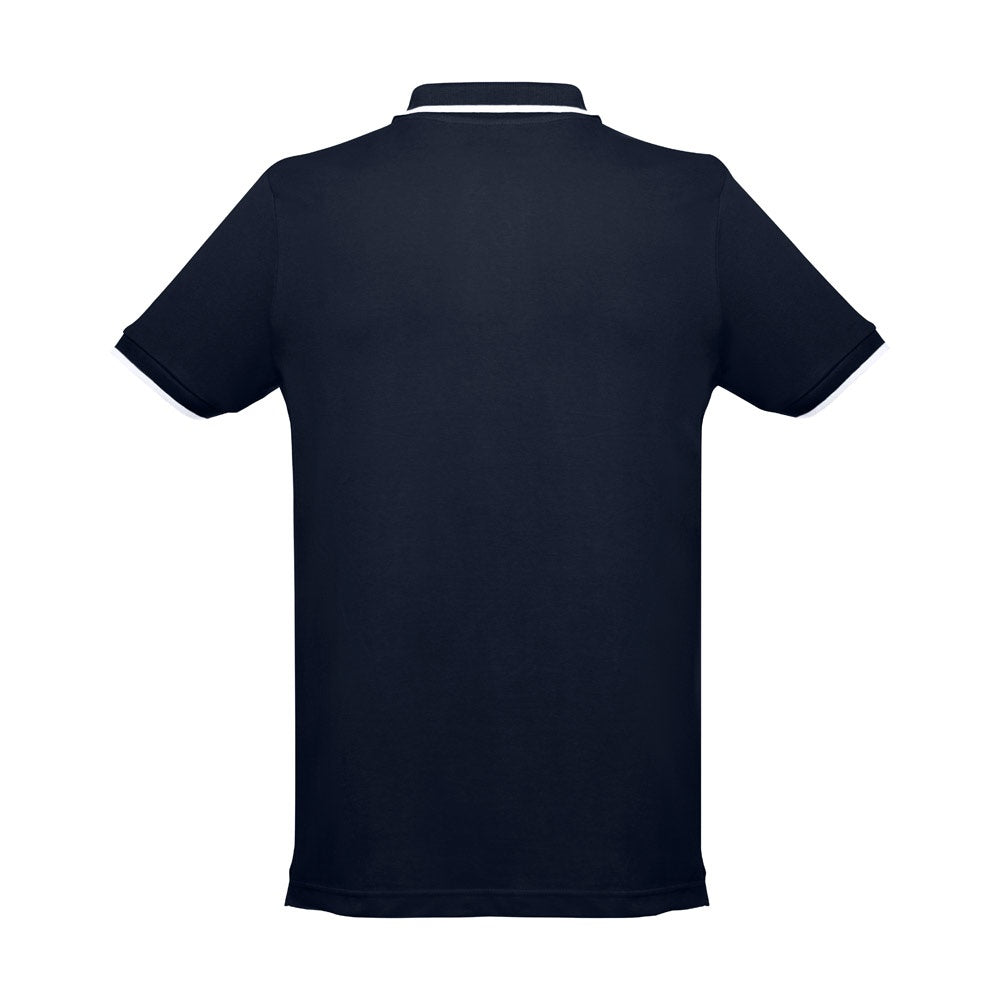 THC ROME promotional polo shirt in navy blue (detail view) with custom logo branding