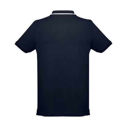 THC ROME promotional polo shirt in navy blue (detail view) with custom logo branding