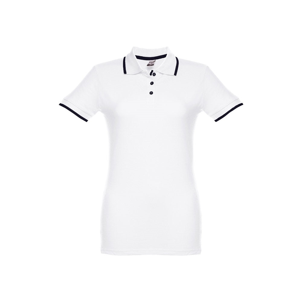 THC ROME WOMEN WH promotional polo shirt in white (detail view) with custom logo branding