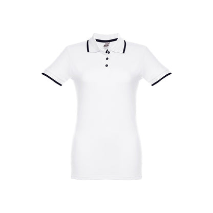 THC ROME WOMEN WH promotional polo shirt in white (detail view) with custom logo branding
