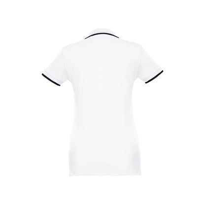 THC ROME WOMEN WH promotional polo shirt in white (detail view) with custom logo branding