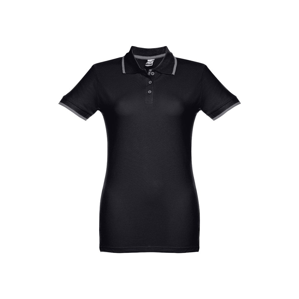 THC ROME WOMEN promotional polo shirt in black (detail view) with custom logo branding