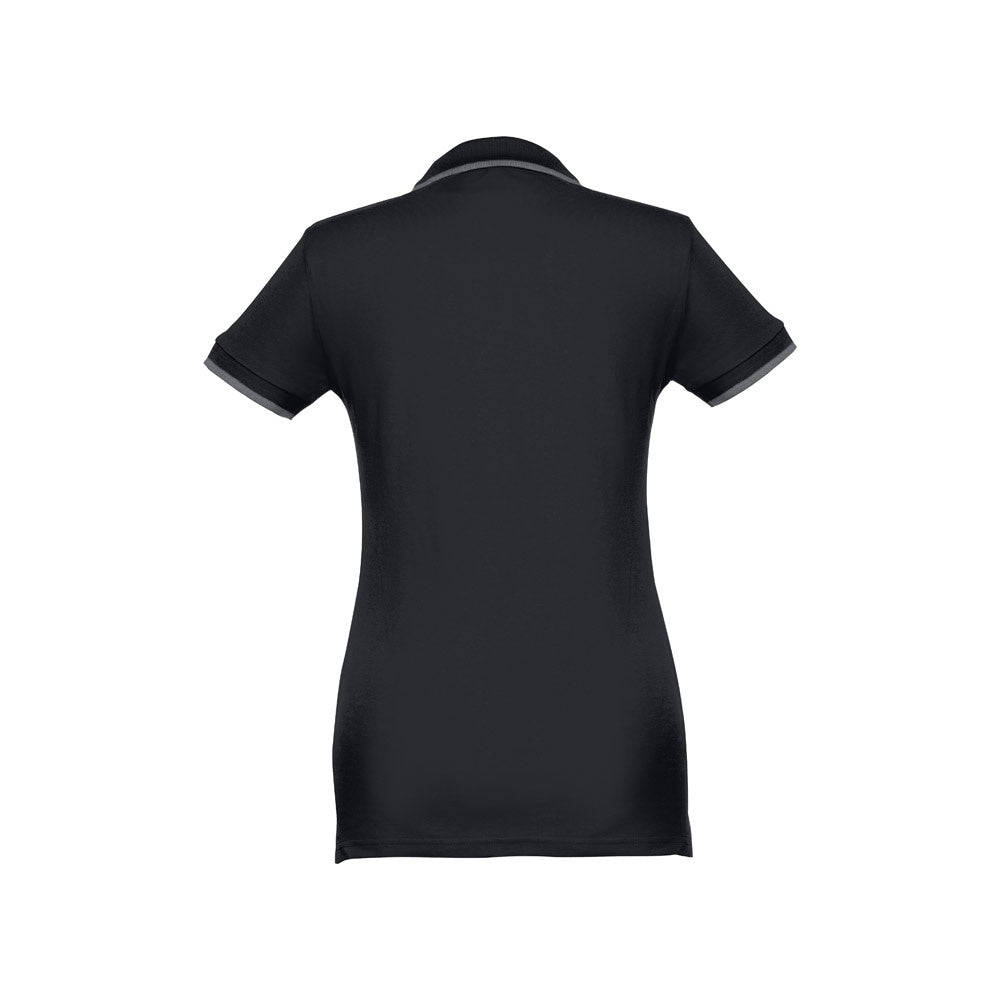 THC ROME WOMEN promotional polo shirt in black (detail view) with custom logo branding