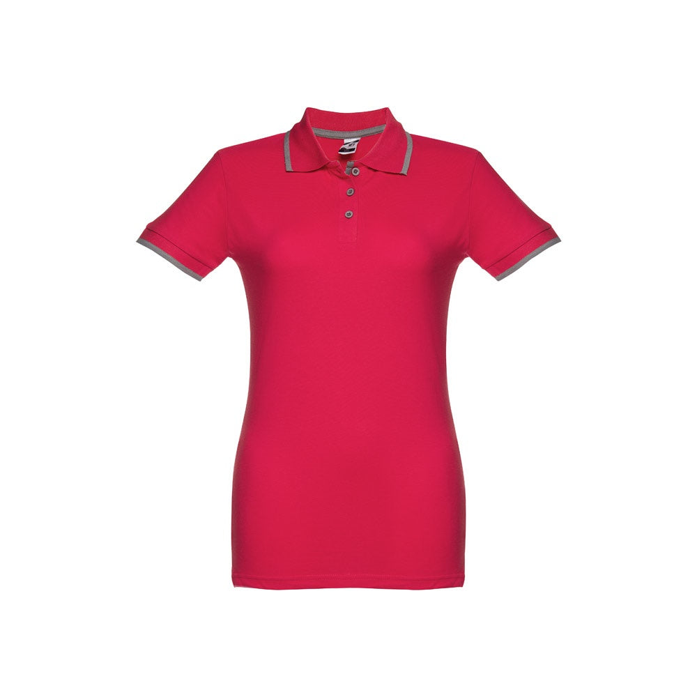THC ROME WOMEN promotional polo shirt in red (detail view) with custom logo branding