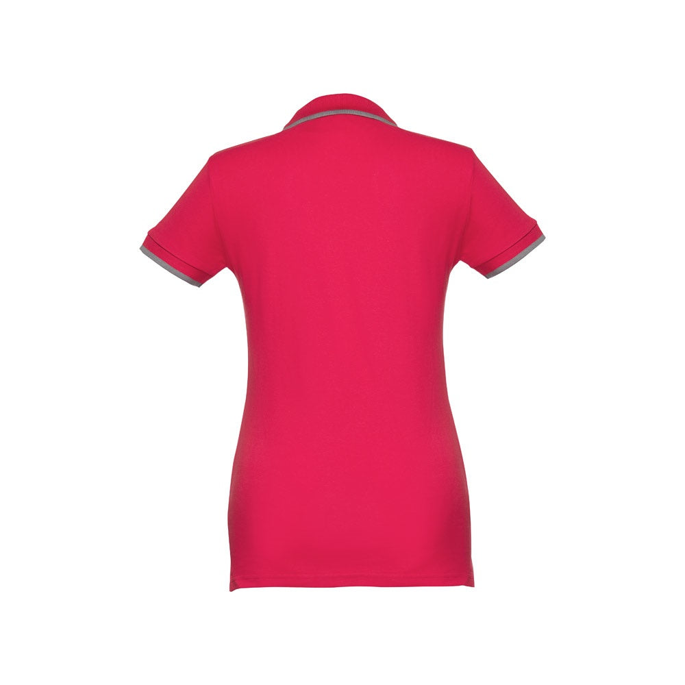 THC ROME WOMEN promotional polo shirt in red (detail view) with custom logo branding