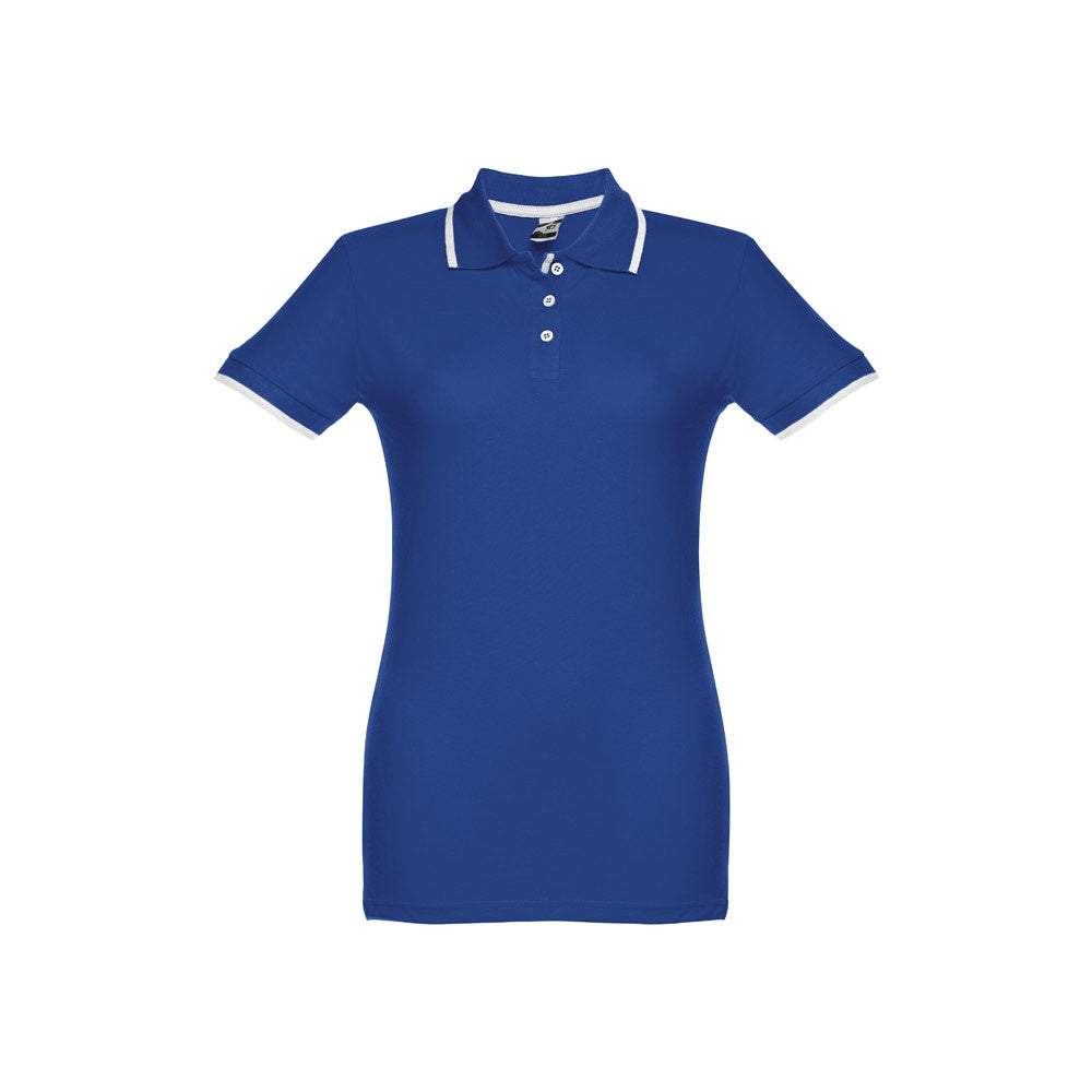 THC ROME WOMEN promotional polo shirt in royal blue (detail view) with custom logo branding