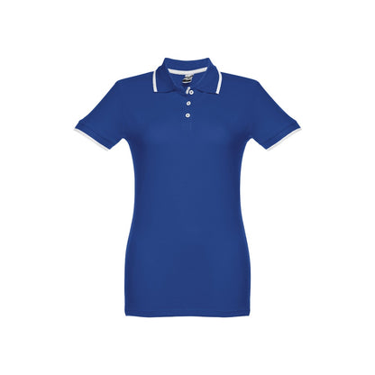 THC ROME WOMEN promotional polo shirt in royal blue (detail view) with custom logo branding