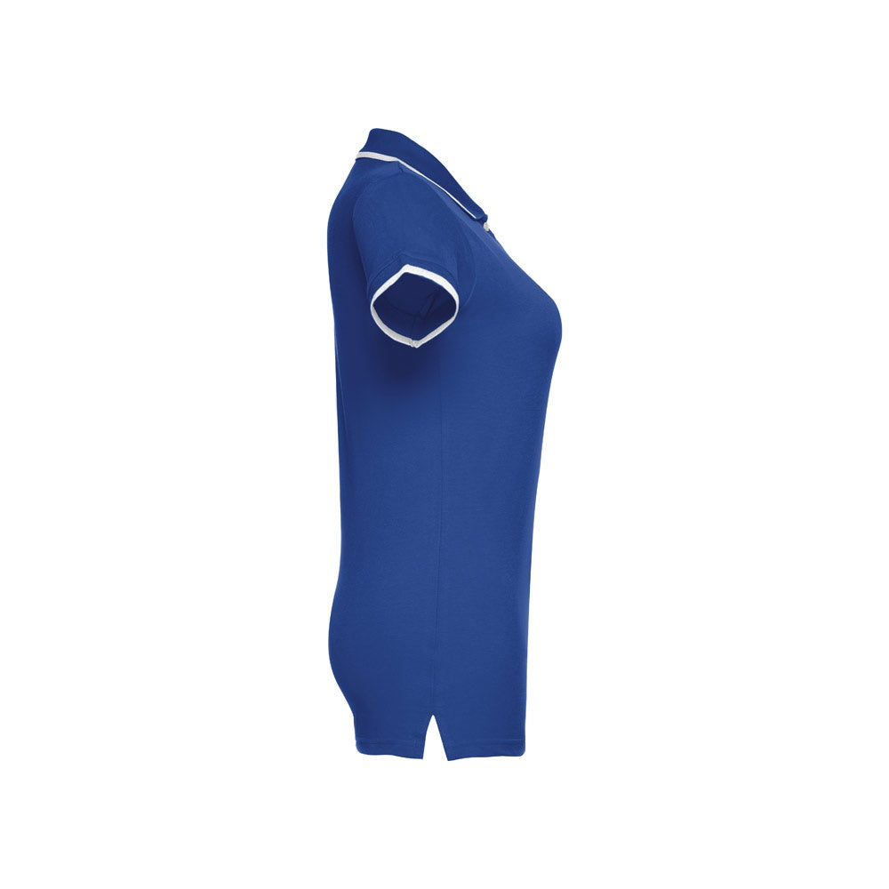 THC ROME WOMEN promotional polo shirt in royal blue (detail view) with custom logo branding