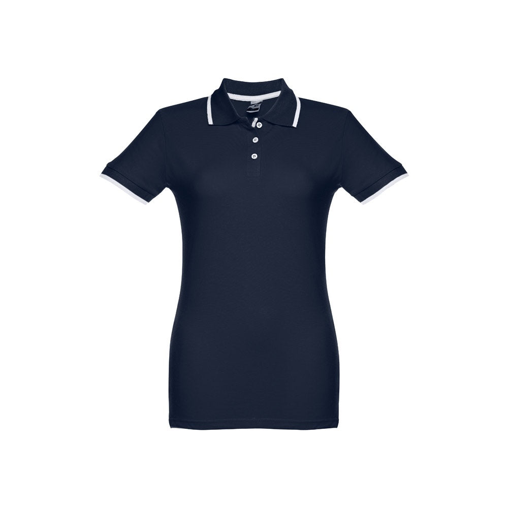 THC ROME WOMEN promotional polo shirt in navy blue (detail view) with custom logo branding