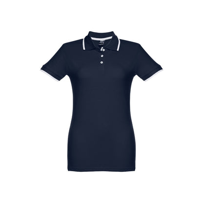 THC ROME WOMEN promotional polo shirt in navy blue (detail view) with custom logo branding