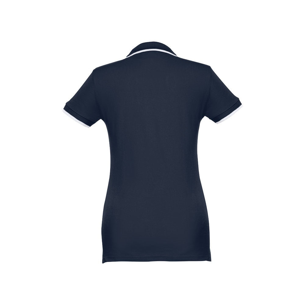THC ROME WOMEN promotional polo shirt in navy blue (detail view) with custom logo branding