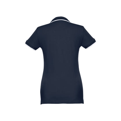 THC ROME WOMEN promotional polo shirt in navy blue (detail view) with custom logo branding