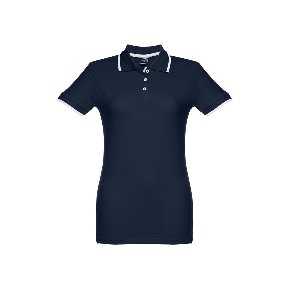THC ROME WOMEN promotional polo shirt in navy blue with custom logo branding