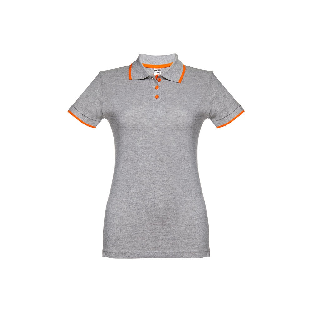 THC ROME WOMEN promotional polo shirt in heather light grey (detail view) with custom logo branding