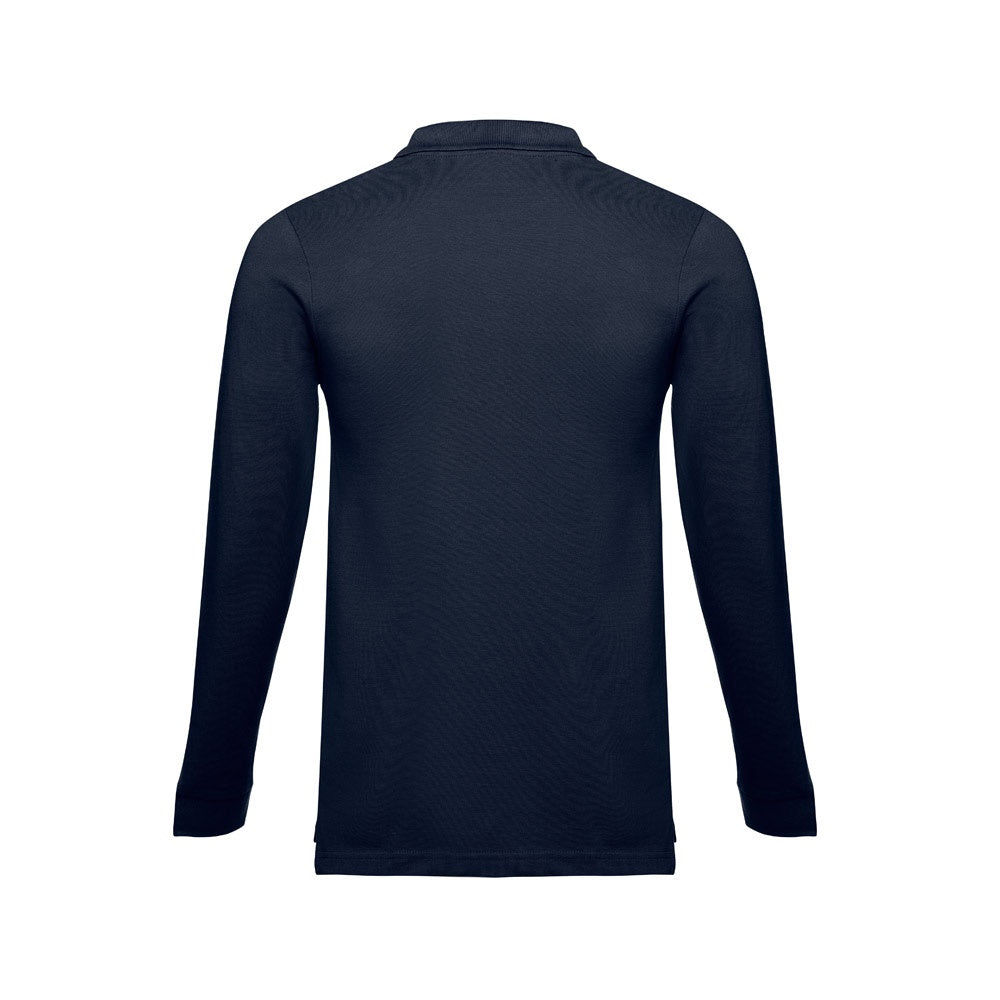 THC BERN promotional polo shirt in blue (detail view) with custom logo branding