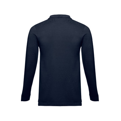 THC BERN promotional polo shirt in blue (detail view) with custom logo branding
