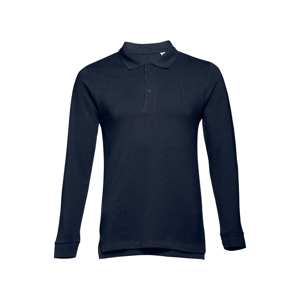 THC BERN promotional polo shirt in blue with custom logo branding