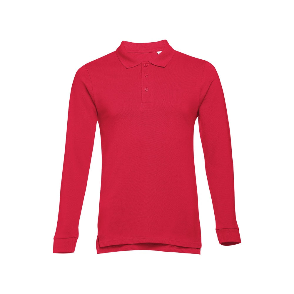 THC BERN promotional polo shirt in red (detail view) with custom logo branding