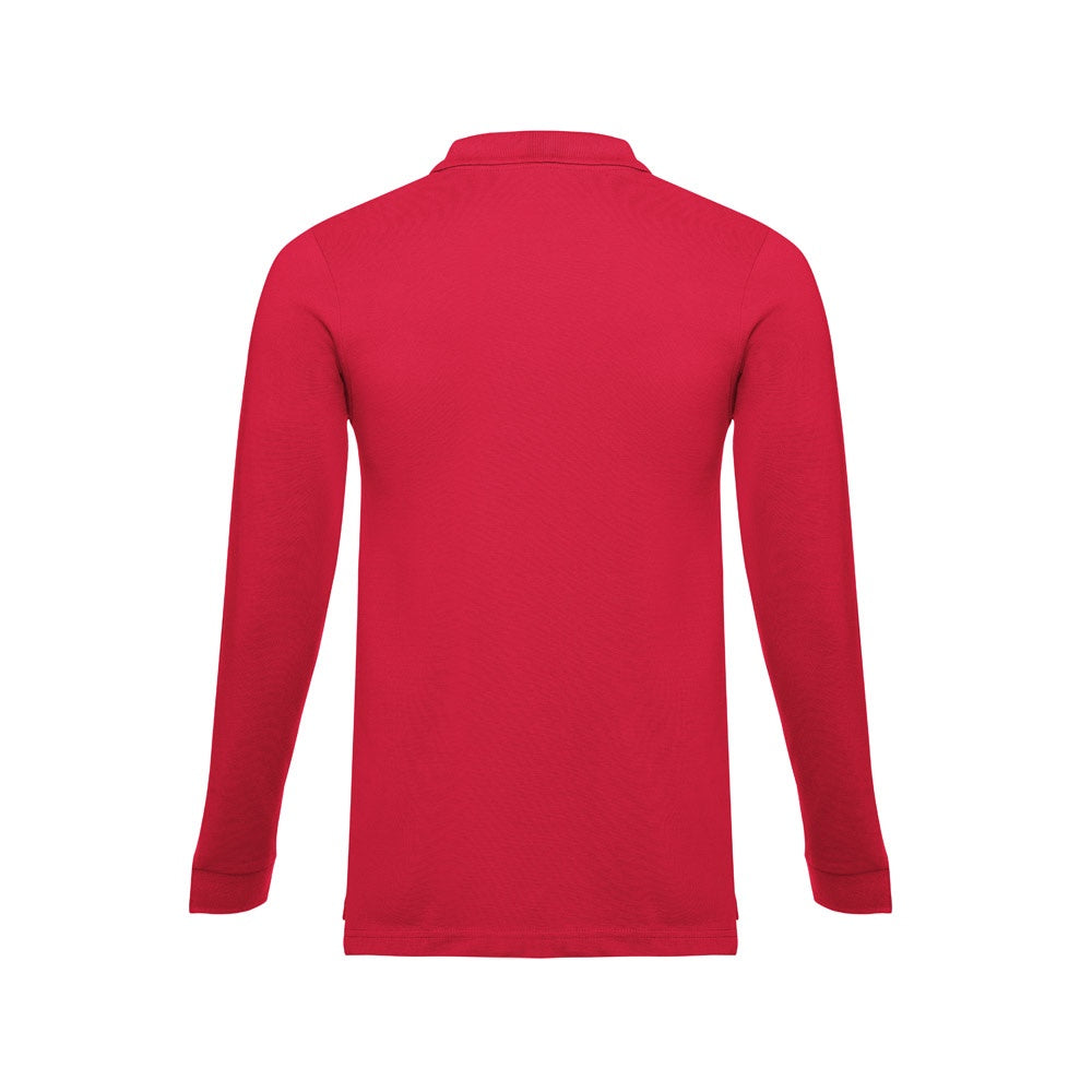 THC BERN promotional polo shirt in red (detail view) with custom logo branding