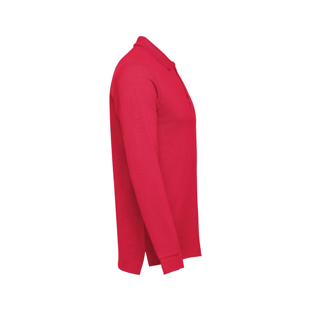THC BERN promotional polo shirt in red (detail view) with custom logo branding