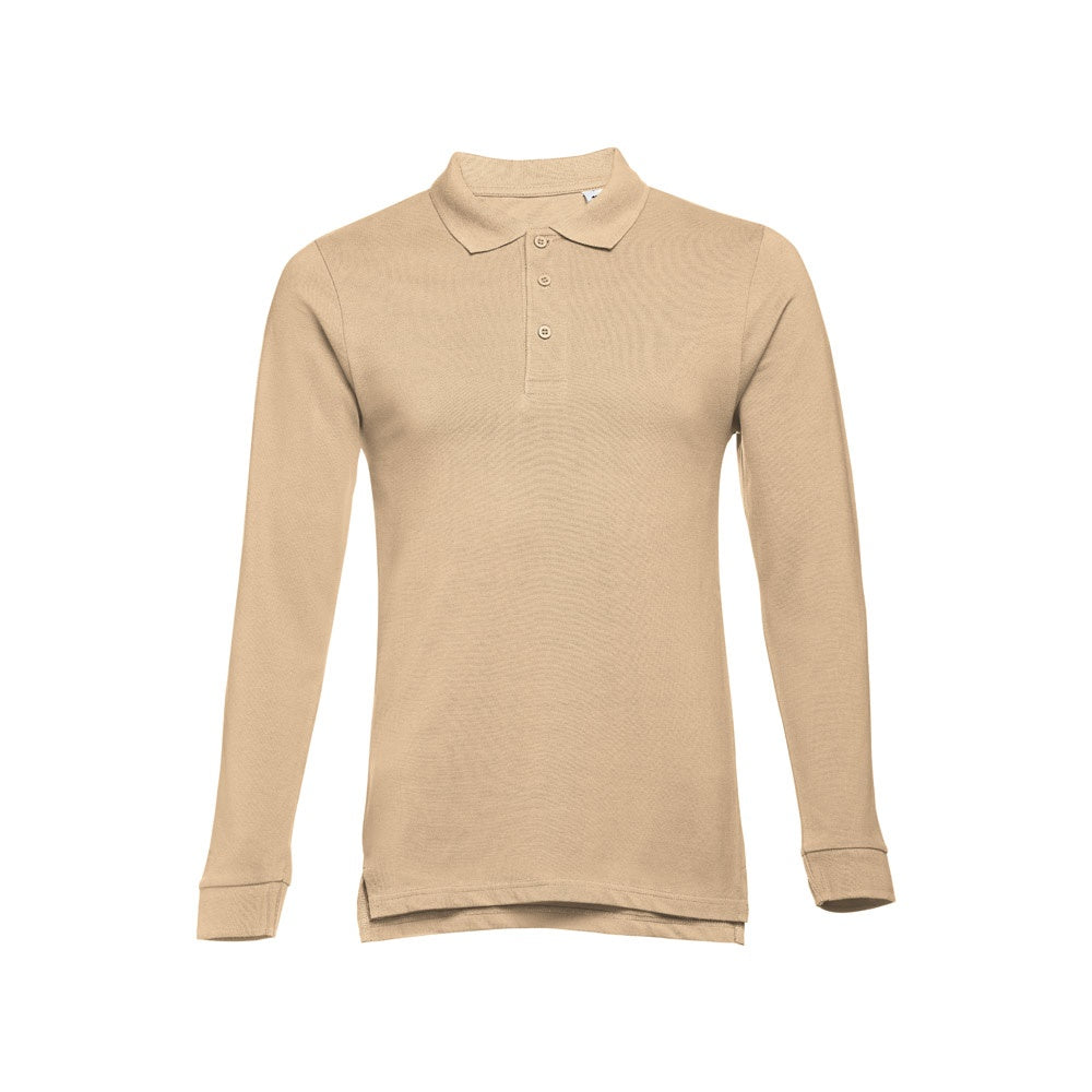 THC BERN promotional polo shirt in light brown (detail view) with custom logo branding