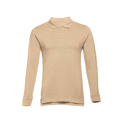 THC BERN promotional polo shirt in light brown (detail view) with custom logo branding