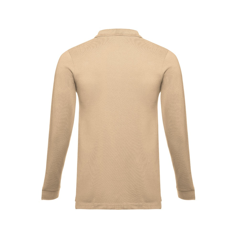 THC BERN promotional polo shirt in light brown (detail view) with custom logo branding