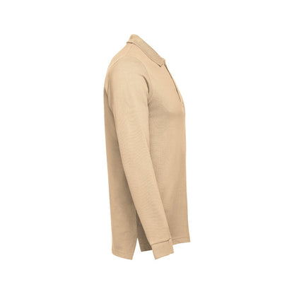 THC BERN promotional polo shirt in light brown (detail view) with custom logo branding