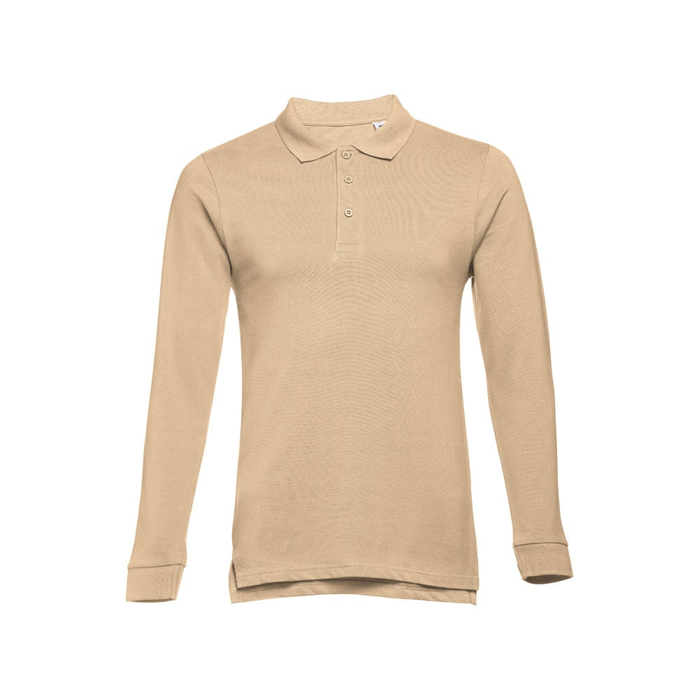 THC BERN promotional polo shirt in light brown with custom logo branding