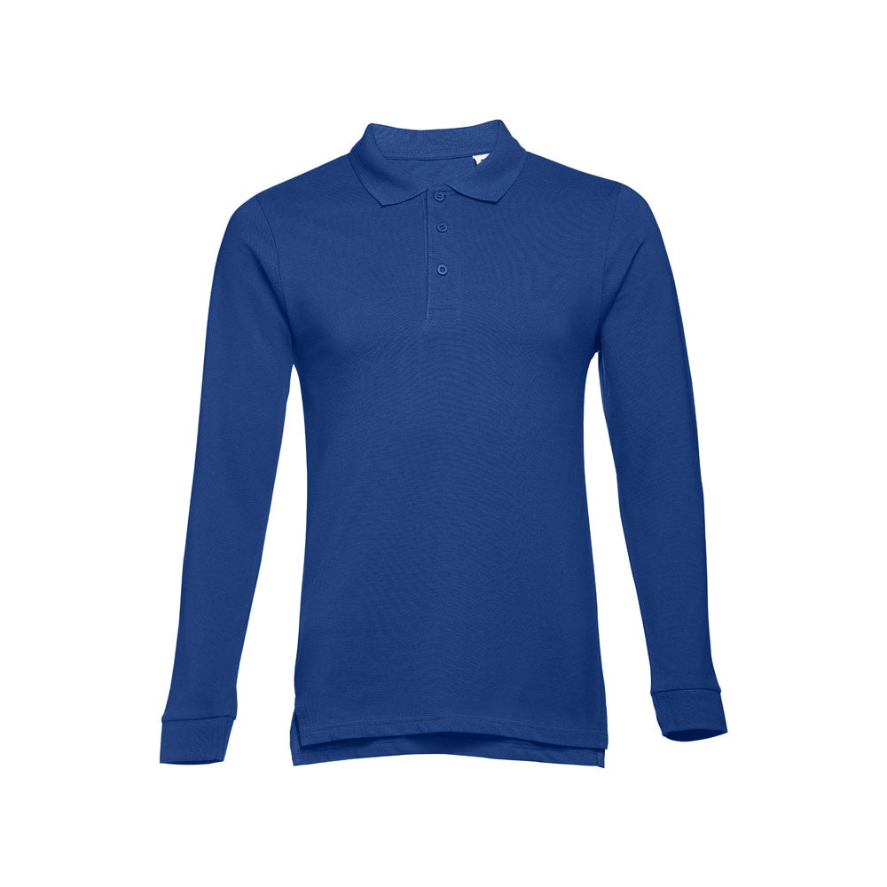 THC BERN promotional polo shirt in royal blue (detail view) with custom logo branding