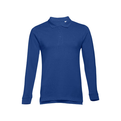 THC BERN promotional polo shirt in royal blue (detail view) with custom logo branding