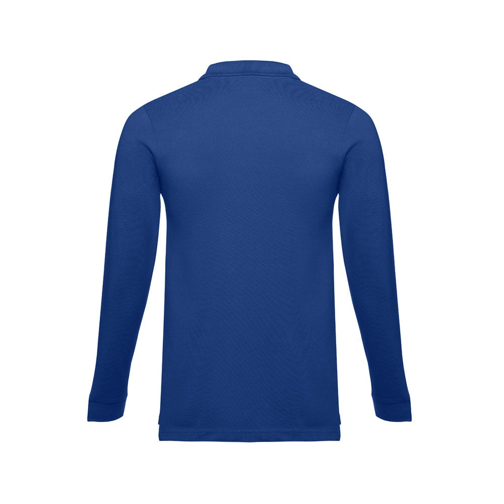 THC BERN promotional polo shirt in royal blue (detail view) with custom logo branding