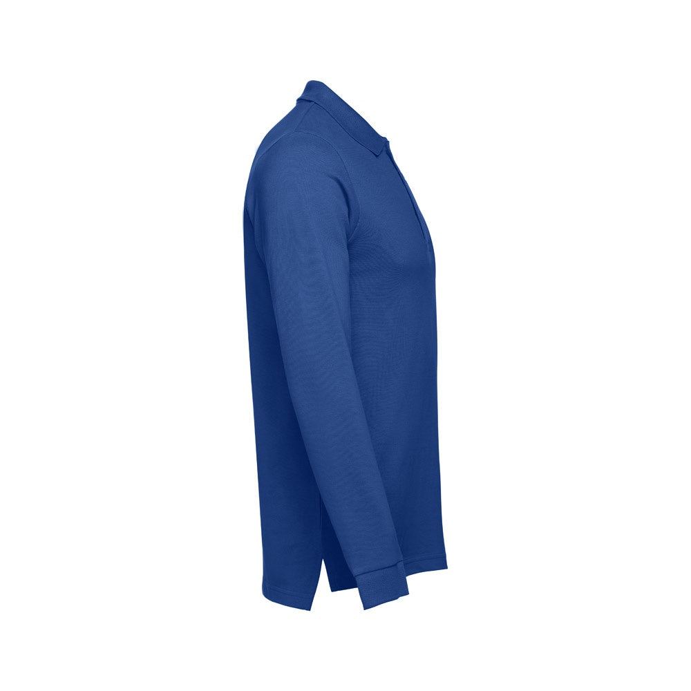 THC BERN promotional polo shirt in royal blue (detail view) with custom logo branding