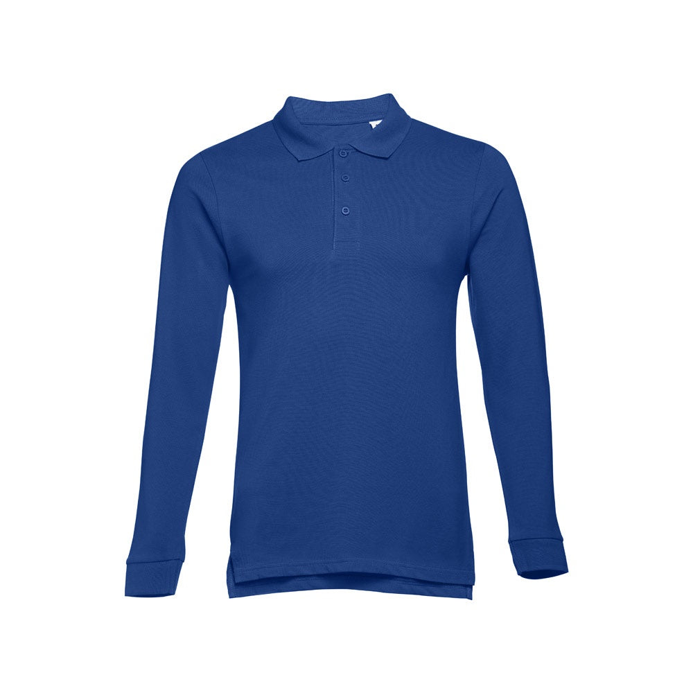 THC BERN promotional polo shirt in royal blue with custom logo branding