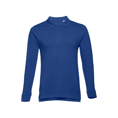 THC BERN promotional polo shirt in royal blue with custom logo branding