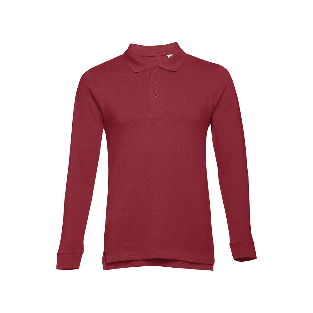THC BERN promotional polo shirt in burgundy (detail view) with custom logo branding