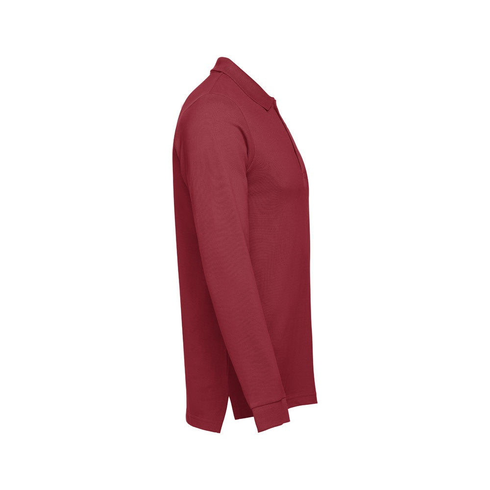 THC BERN promotional polo shirt in burgundy (detail view) with custom logo branding