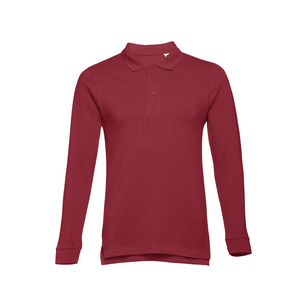THC BERN promotional polo shirt in burgundy with custom logo branding