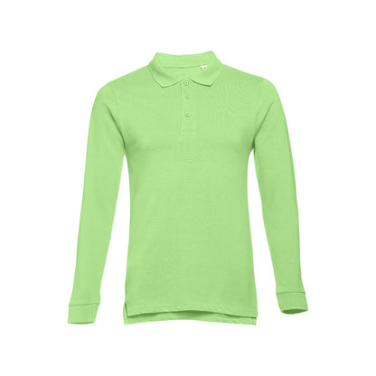 THC BERN promotional polo shirt in light green (detail view) with custom logo branding