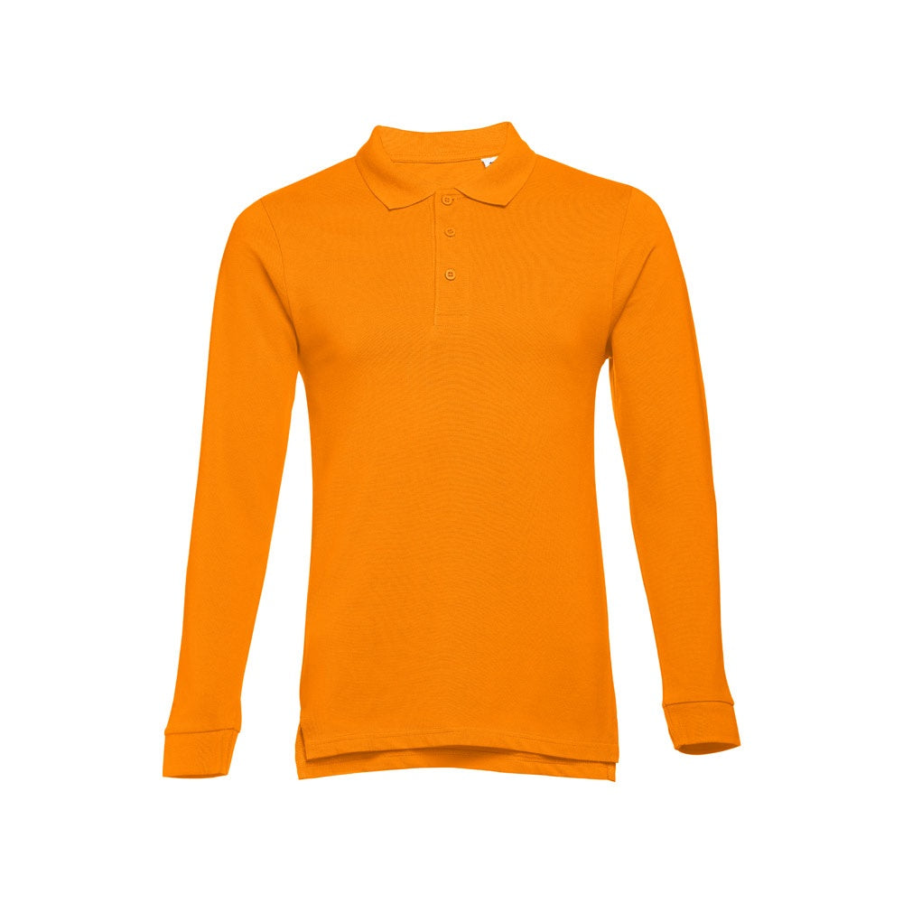 THC BERN promotional polo shirt in orange (detail view) with custom logo branding