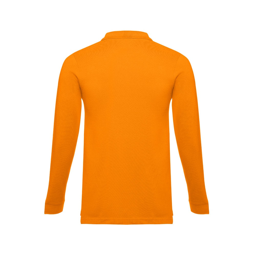 THC BERN promotional polo shirt in orange (detail view) with custom logo branding