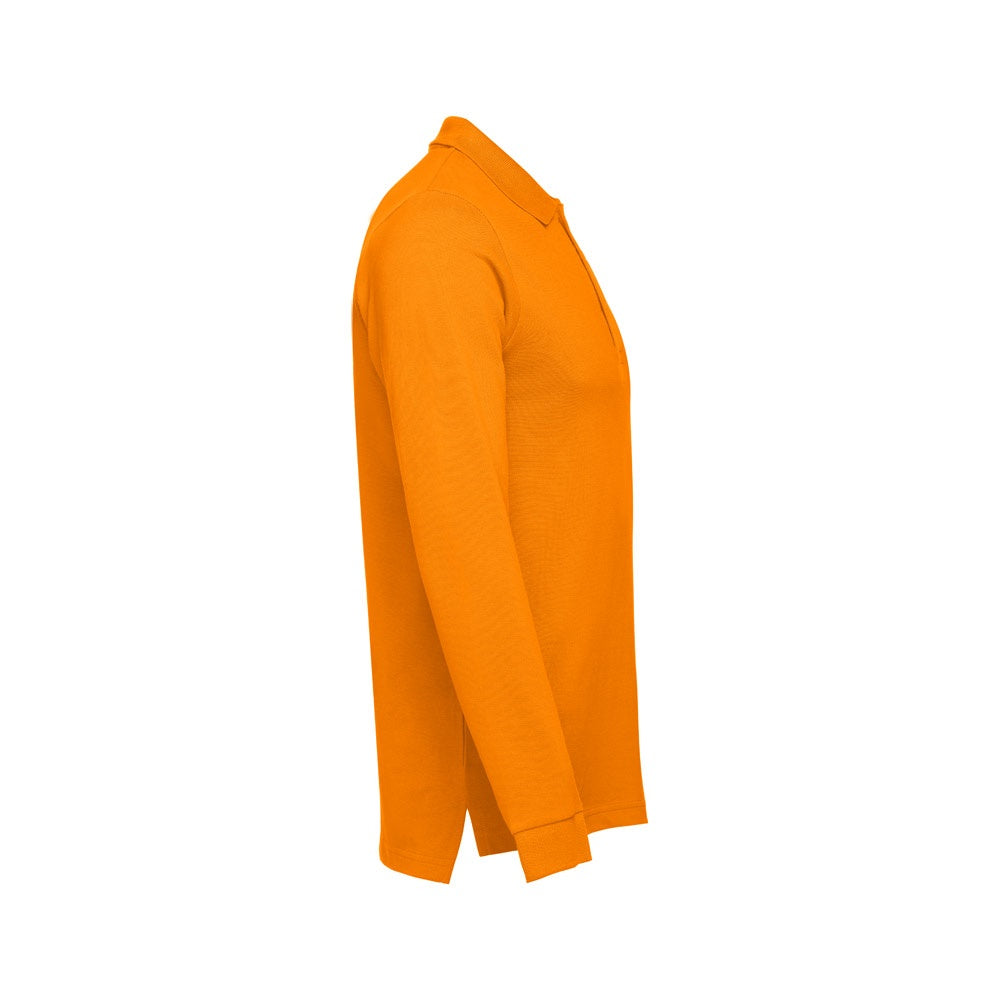 THC BERN promotional polo shirt in orange (detail view) with custom logo branding