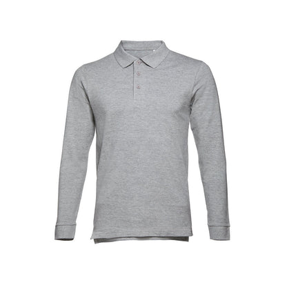 THC BERN promotional polo shirt in heather light grey (detail view) with custom logo branding