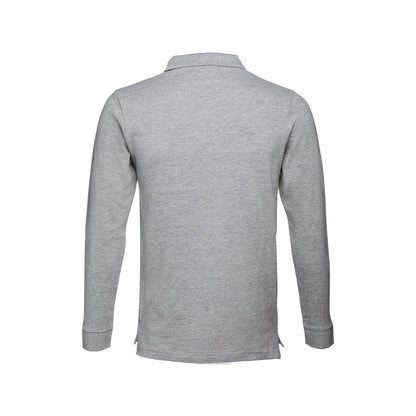 THC BERN promotional polo shirt in heather light grey (detail view) with custom logo branding