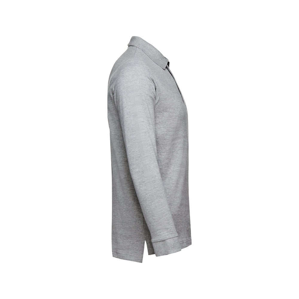 THC BERN promotional polo shirt in heather light grey (detail view) with custom logo branding