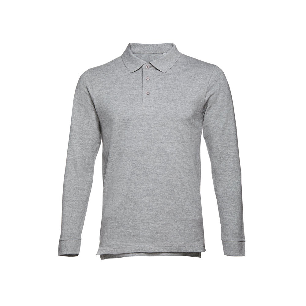 THC BERN promotional polo shirt in heather light grey with custom logo branding