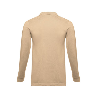 THC BERN 3XL promotional polo shirt in light brown (detail view) with custom logo branding