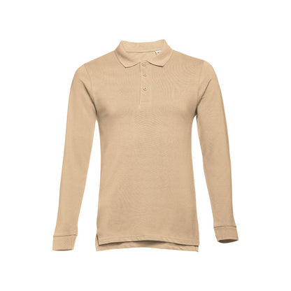 THC BERN 3XL promotional polo shirt in light brown with custom logo branding
